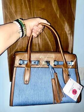 Adrienne Vittadini Denim and Brown Faux Leather Satchel Handbag with Tassel